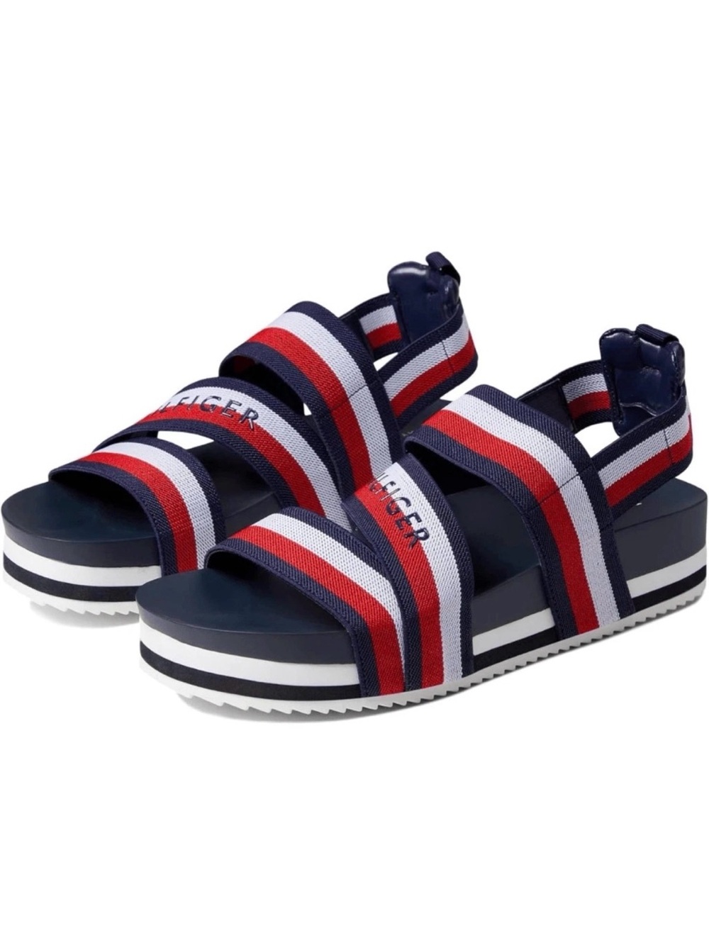 Tommy Hilfiger 8 Belia Navy Stretch Slingback Flatform Sandals Shoes